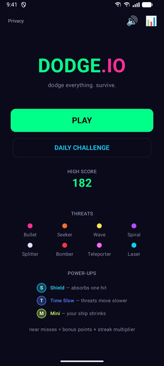 DODGE.IO menu screen